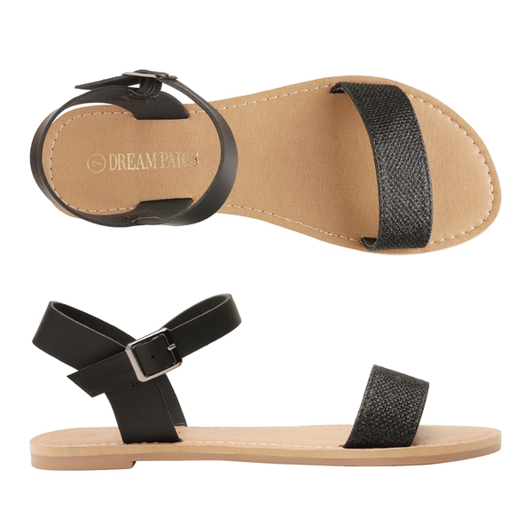 Ankle Strap Open Toe Flat Sandals - BLACK GLITTER - 2